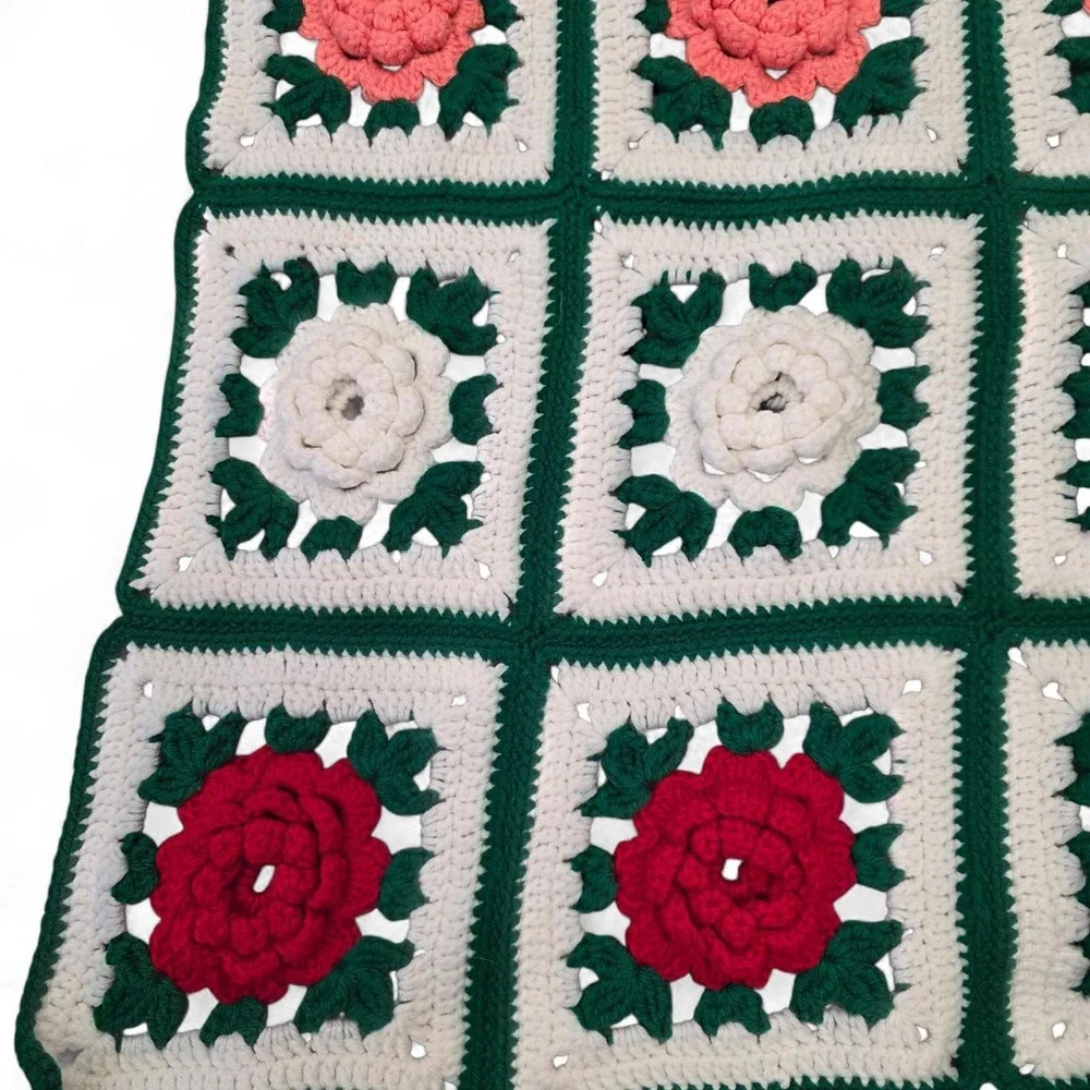 Handmade Crochet Knit Throw Granny Blanket 3D Afghan Roses Square Floral Cottage